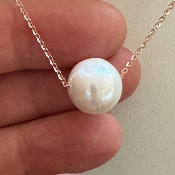 Timeless 12mm White Cultured Pearl Solitaire 🤍🌸 Rose Gold Necklace - Picture 5 of 8